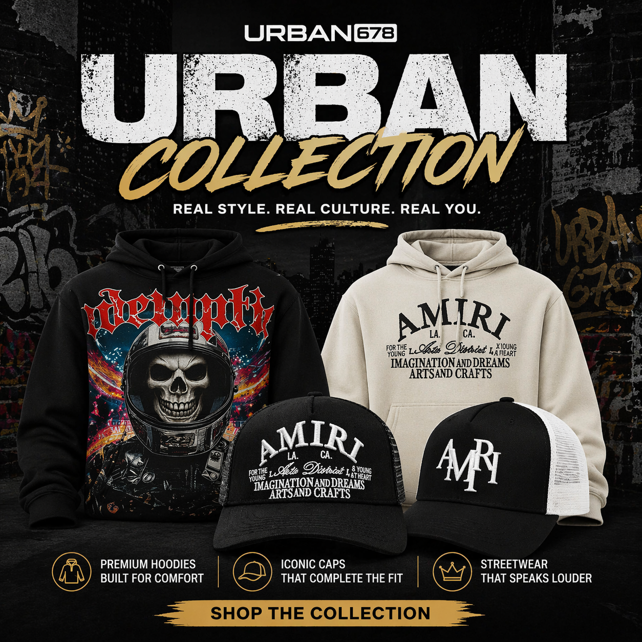 Men’s urban streetwear collection featuring graphic hoodies and trendy caps for everyday style