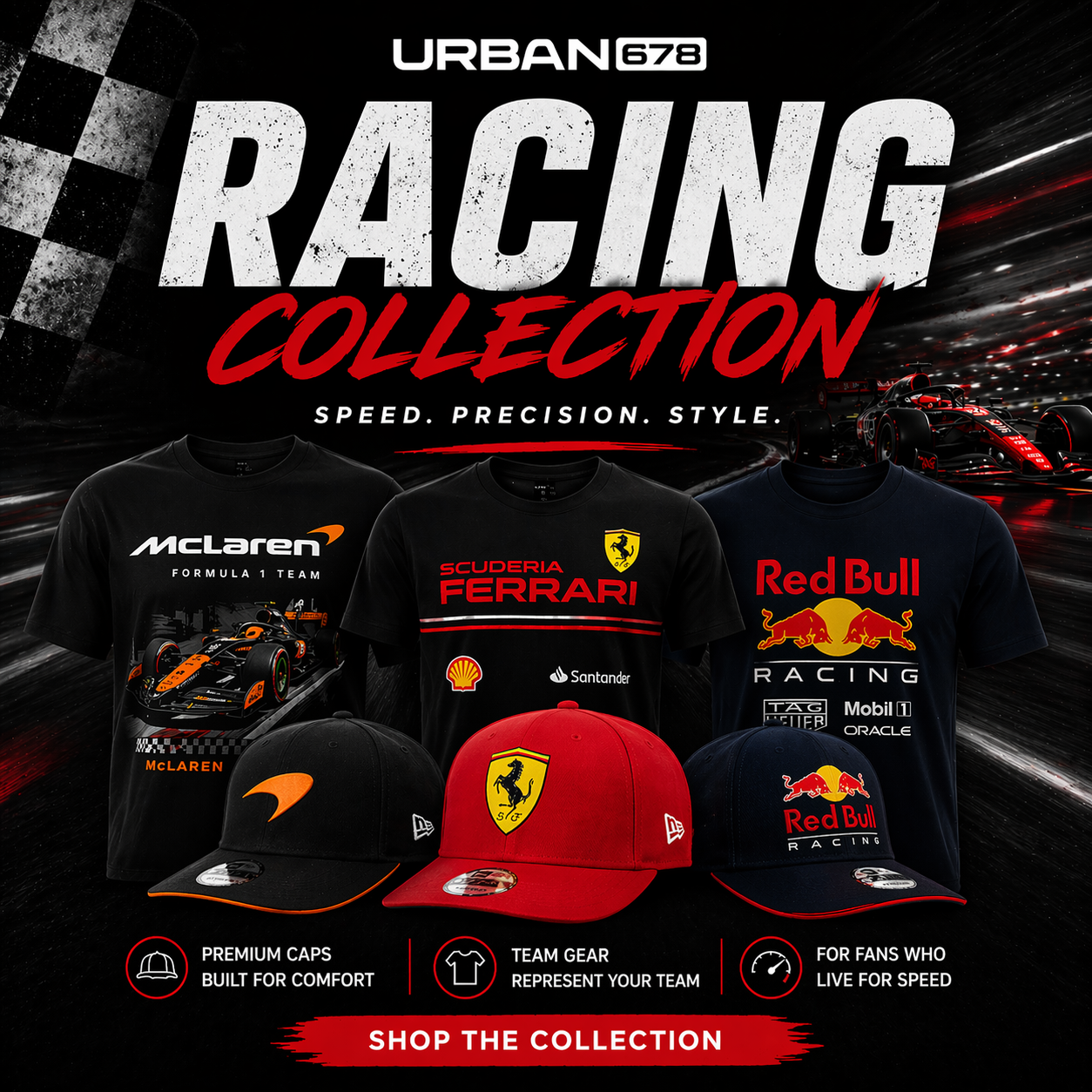 Racing-inspired clothing collection with motorsport caps and graphic t-shirts