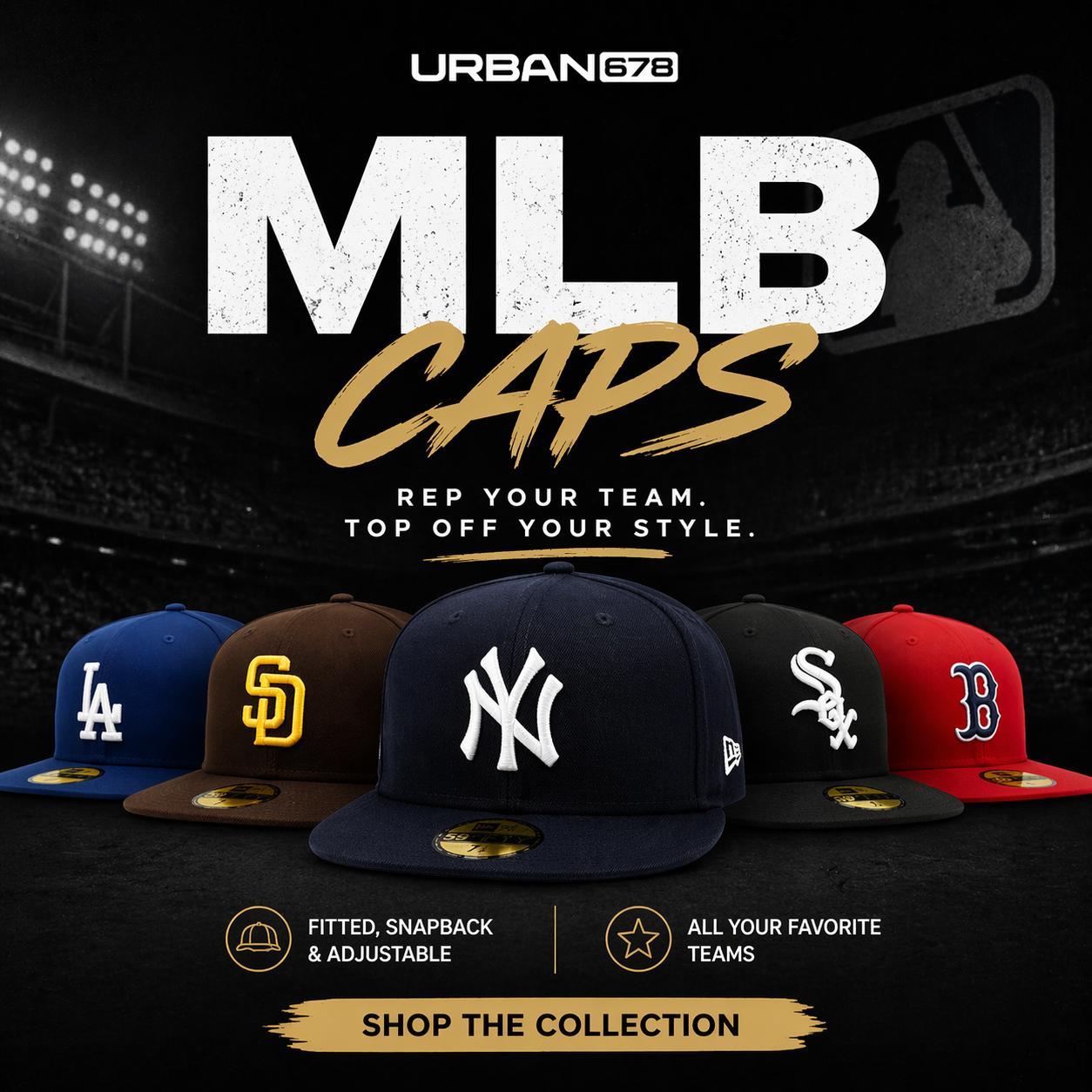 Official MLB caps collection with fitted hats, snapbacks, and baseball team hats